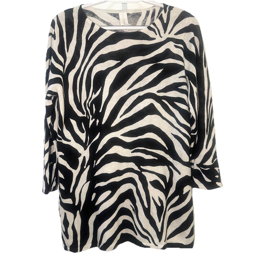 Jones New York Zebra Print Knit Top Women M Cotton Linen Blend 3/4 Sleeve